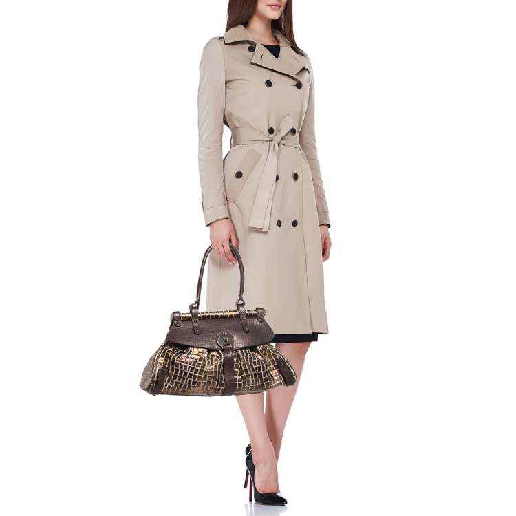 Pre Owned Fendi Metallic/Dark Brown Croc Effect Canvas Magic Satchel
