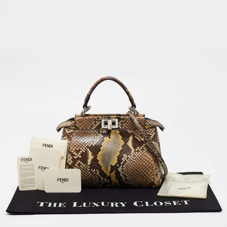 Pre Owned Fendi Beige/Yellow Python Mini Peekaboo Top Handle Bag