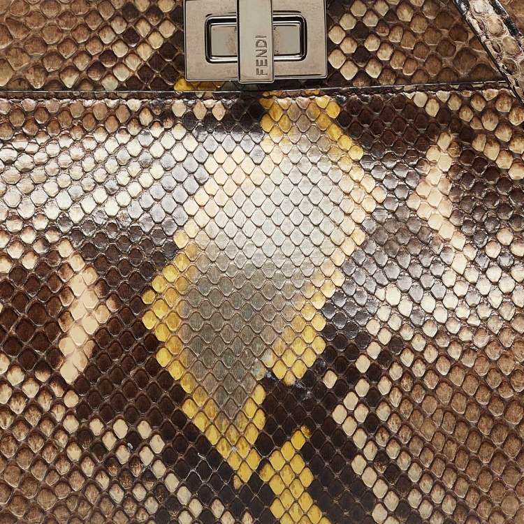 Pre Owned Fendi Beige/Yellow Python Mini Peekaboo Top Handle Bag