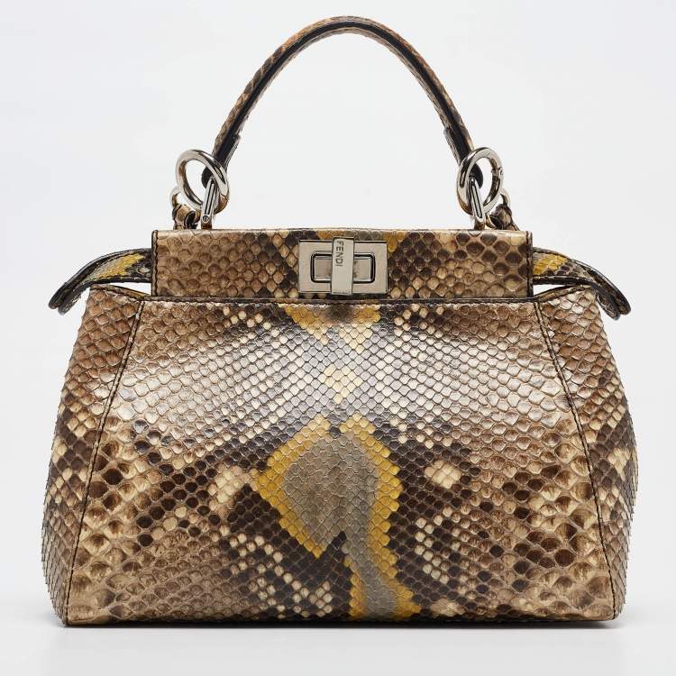 Pre Owned Fendi Beige/Yellow Python Mini Peekaboo Top Handle Bag