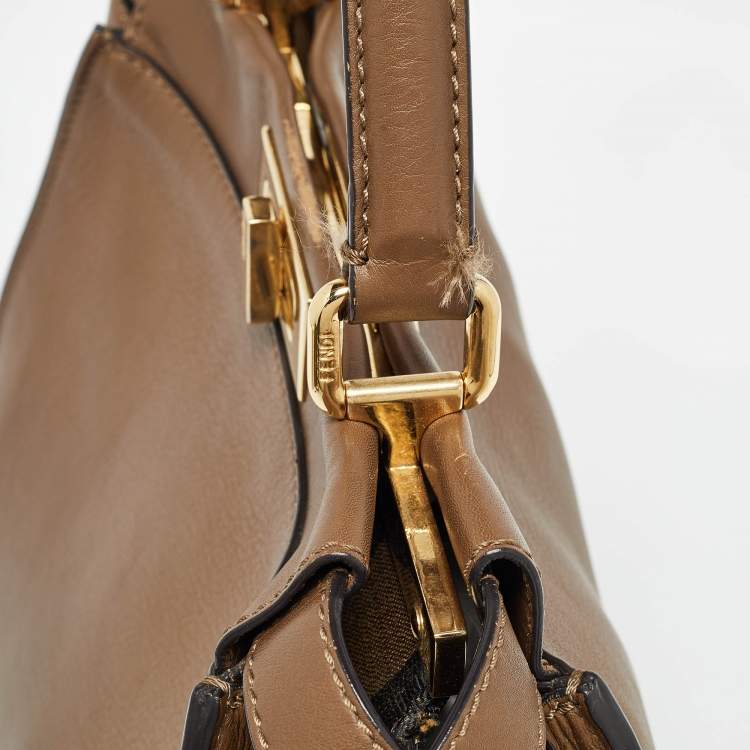Pre Owned Fendi Brown Leather Medium Peekaboo Top Handle Bag