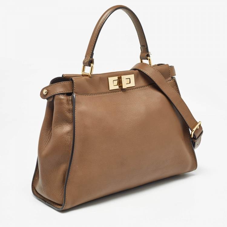 Pre Owned Fendi Brown Leather Medium Peekaboo Top Handle Bag