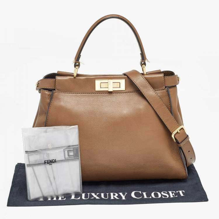 Pre Owned Fendi Brown Leather Medium Peekaboo Top Handle Bag