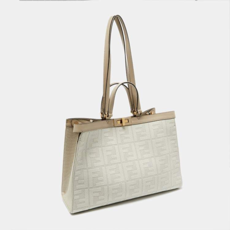 Pre Owned Fendi Beige Zucca Canvas and Leather Medium FF Peekaboo X Tote