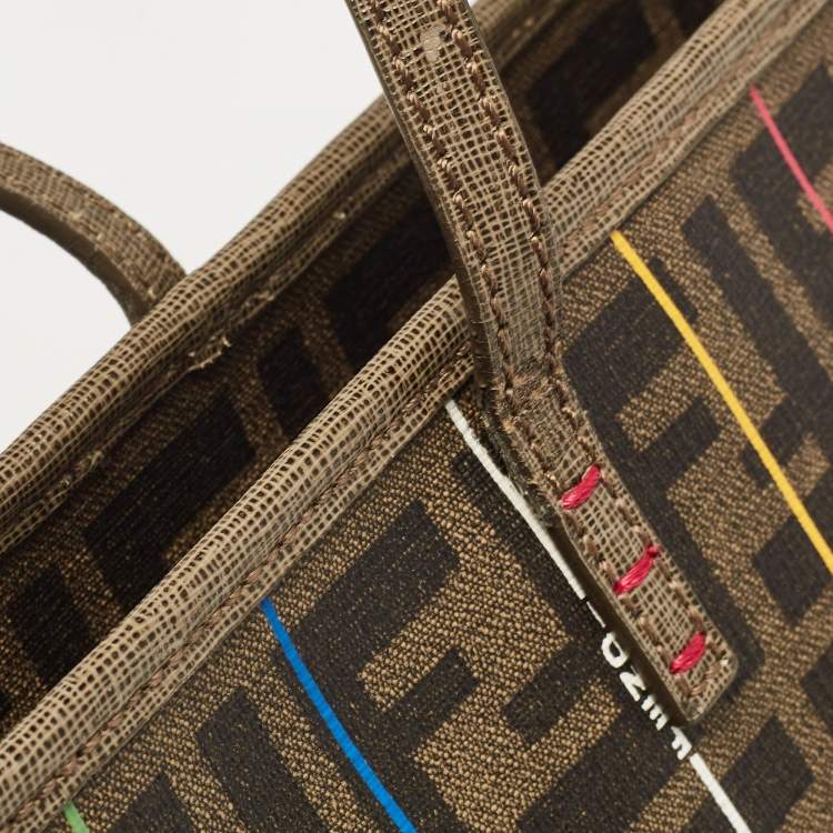 Pre Owned Fendi Tobacco Zucca Coated Canvas Stripe Roll Tote