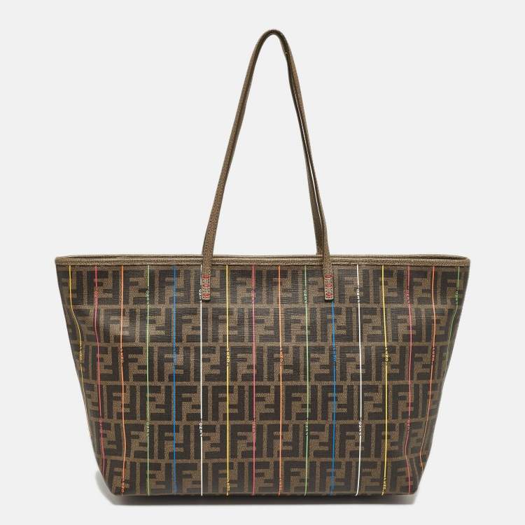 Pre Owned Fendi Tobacco Zucca Coated Canvas Stripe Roll Tote