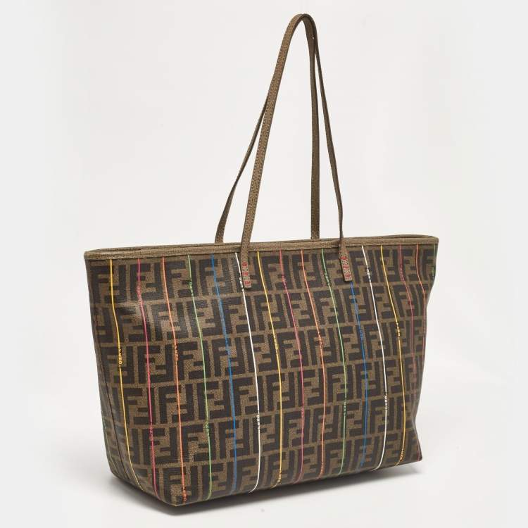 Pre Owned Fendi Tobacco Zucca Coated Canvas Stripe Roll Tote