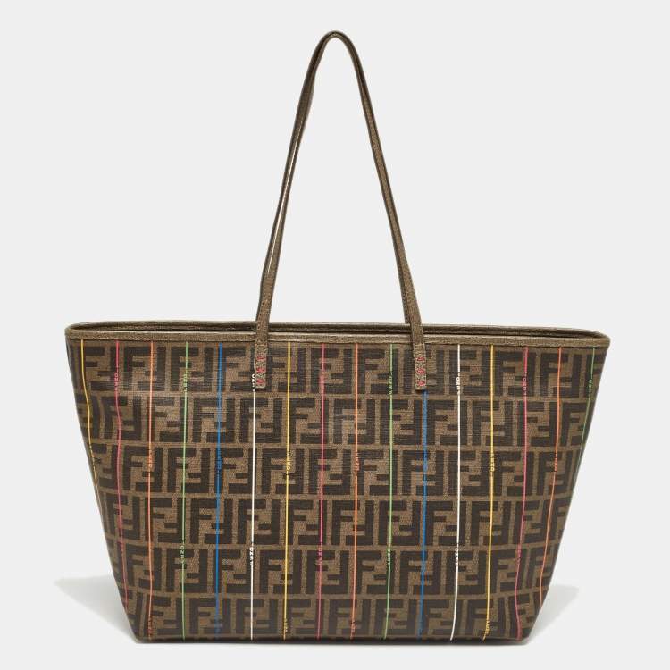 Pre Owned Fendi Tobacco Zucca Coated Canvas Stripe Roll Tote