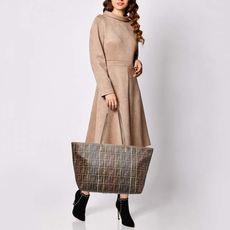 Pre Owned Fendi Tobacco Zucca Coated Canvas Stripe Roll Tote