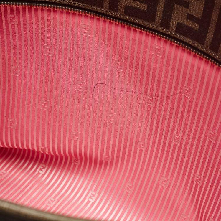 Pre Owned Fendi Tobacco Zucca Coated Canvas Stripe Roll Tote