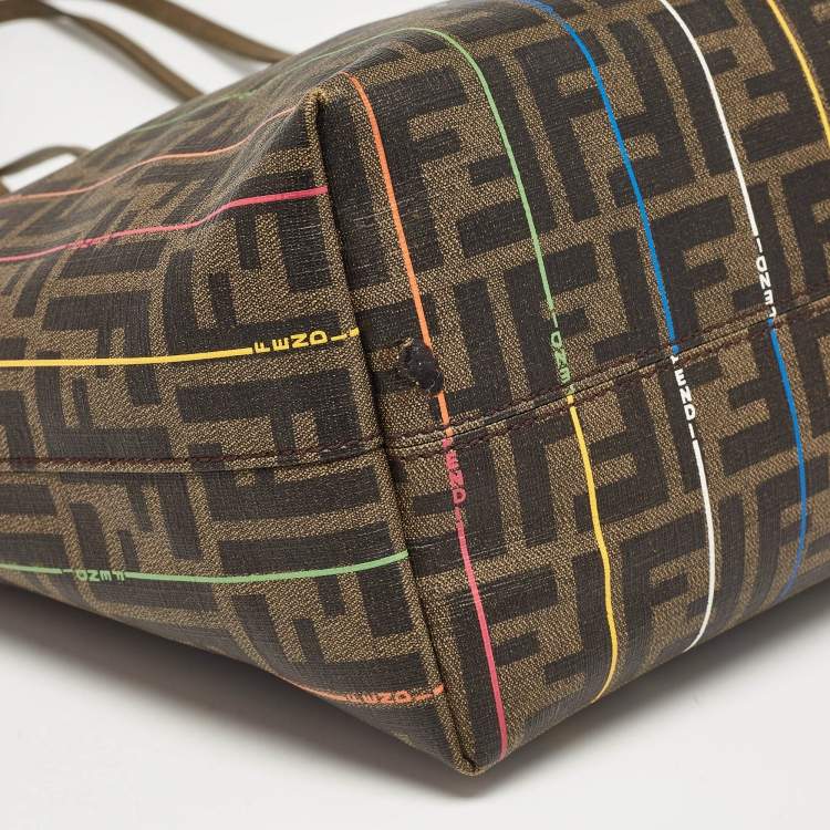 Pre Owned Fendi Tobacco Zucca Coated Canvas Stripe Roll Tote
