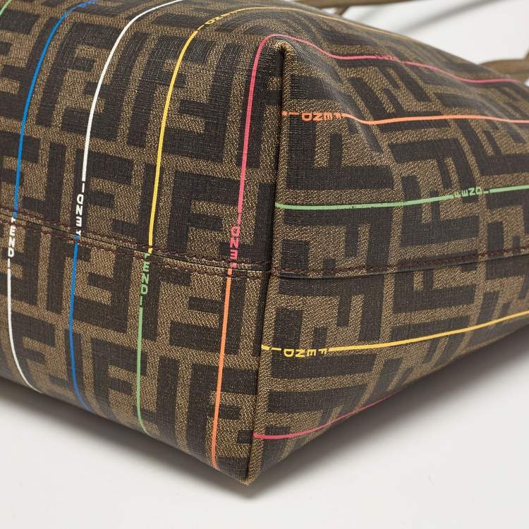 Pre Owned Fendi Tobacco Zucca Coated Canvas Stripe Roll Tote
