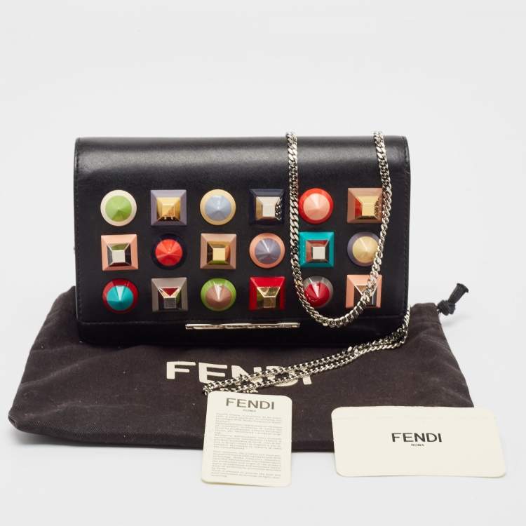 Pre Owned Fendi Black Leather Rainbow Stud Tube Wallet On Chain