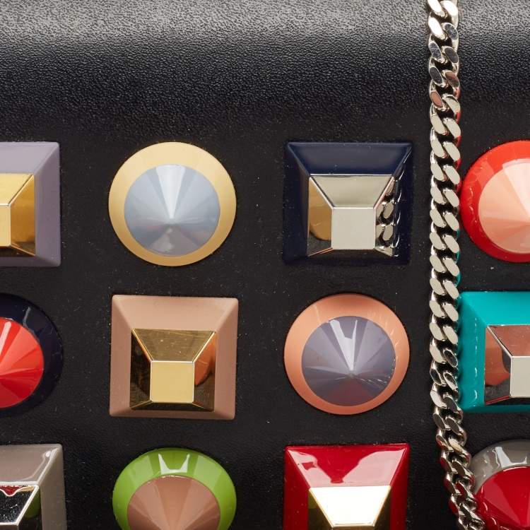 Pre Owned Fendi Black Leather Rainbow Stud Tube Wallet On Chain