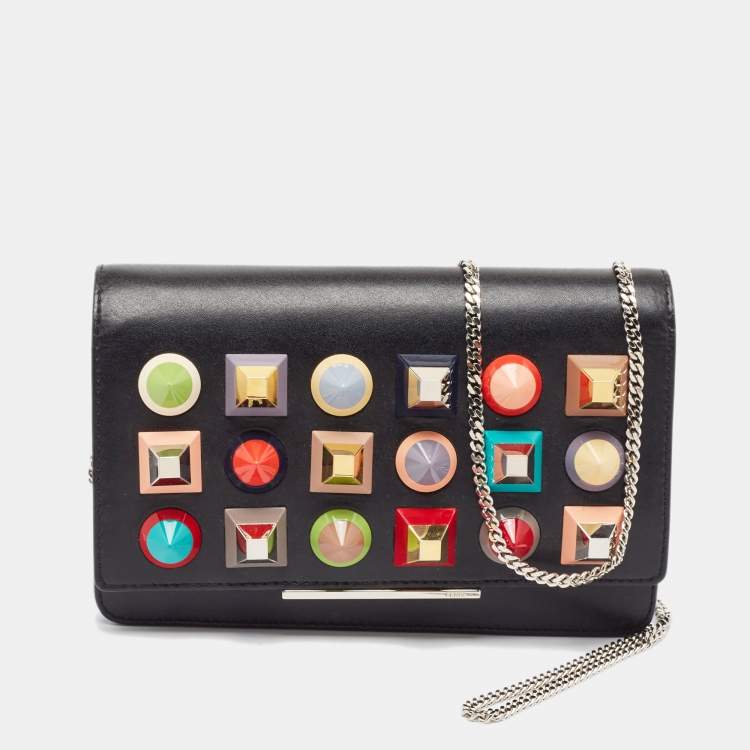 Pre Owned Fendi Black Leather Rainbow Stud Tube Wallet On Chain