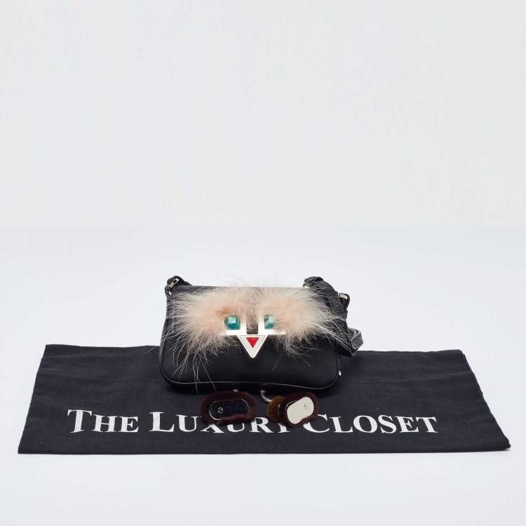 Pre Owned Fendi Black Leather and Fur Micro Monster Baguette Bag