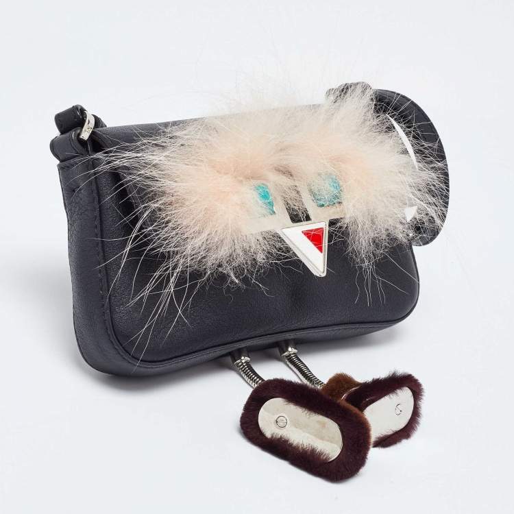 Pre Owned Fendi Black Leather and Fur Micro Monster Baguette Bag
