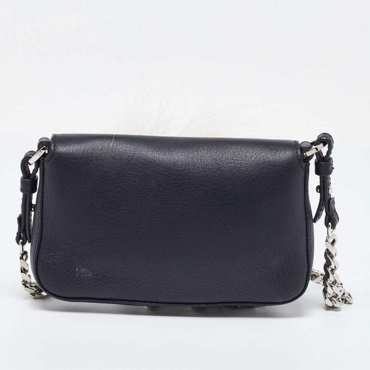 Pre Owned Fendi Black Leather and Fur Micro Monster Baguette Bag
