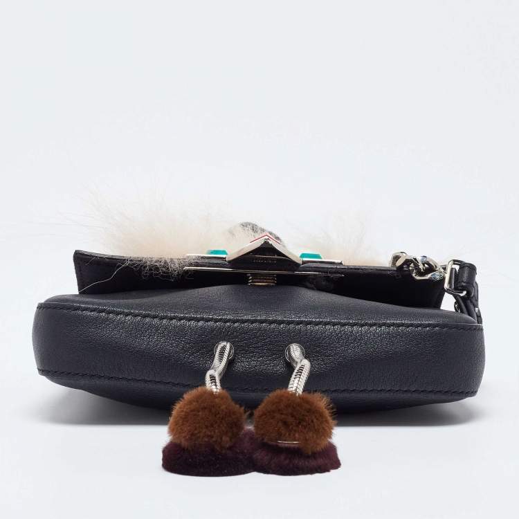 Pre Owned Fendi Black Leather and Fur Micro Monster Baguette Bag