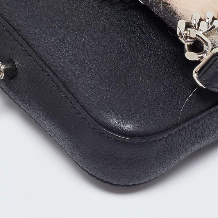 Pre Owned Fendi Black Leather and Fur Micro Monster Baguette Bag
