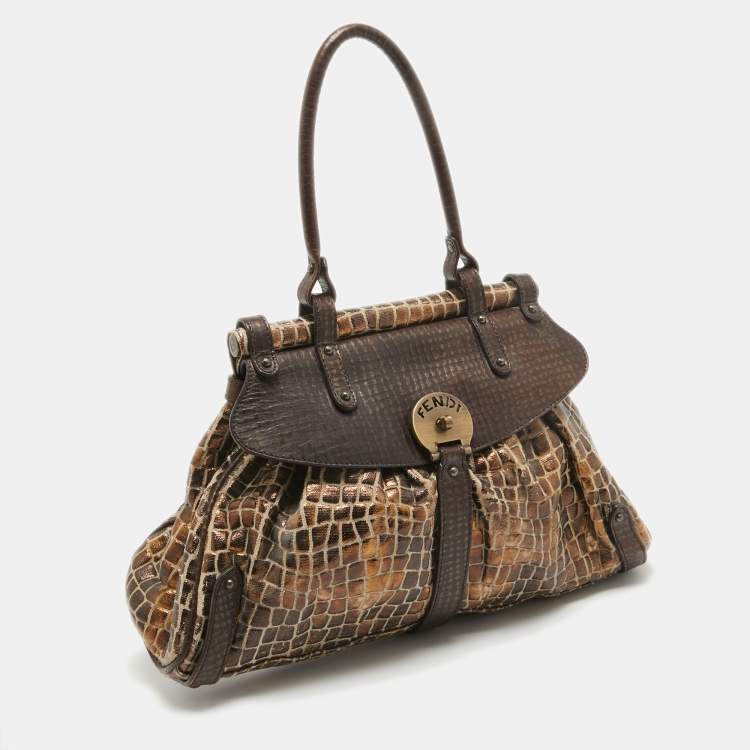 Pre Owned Fendi Metallic/Dark Brown Croc Effect Canvas Magic Satchel
