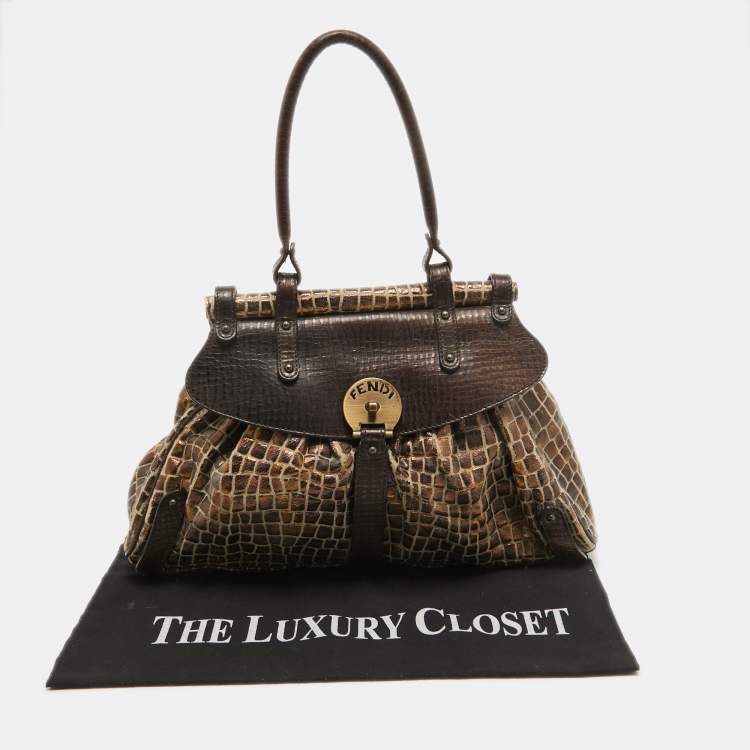 Pre Owned Fendi Metallic/Dark Brown Croc Effect Canvas Magic Satchel