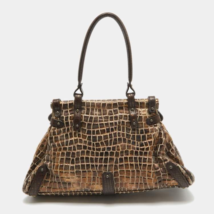 Pre Owned Fendi Metallic/Dark Brown Croc Effect Canvas Magic Satchel