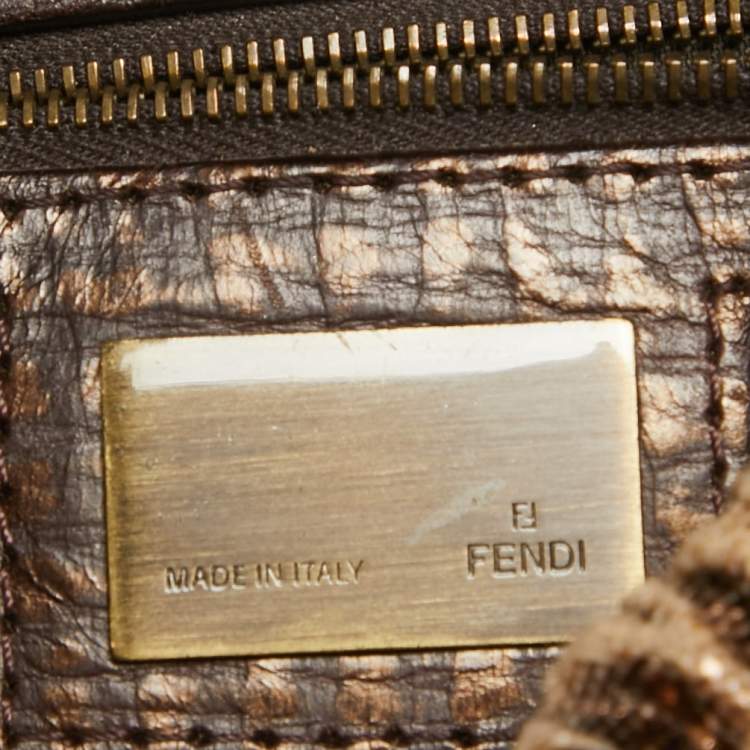 Pre Owned Fendi Metallic/Dark Brown Croc Effect Canvas Magic Satchel