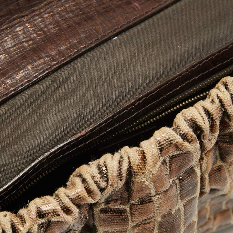 Pre Owned Fendi Metallic/Dark Brown Croc Effect Canvas Magic Satchel
