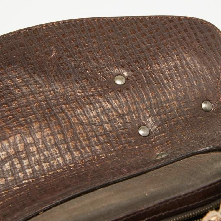 Pre Owned Fendi Metallic/Dark Brown Croc Effect Canvas Magic Satchel
