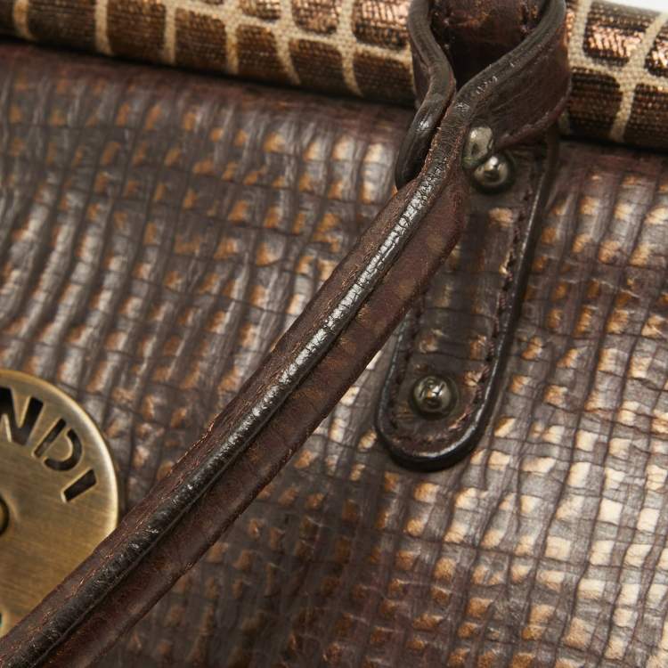 Pre Owned Fendi Metallic/Dark Brown Croc Effect Canvas Magic Satchel