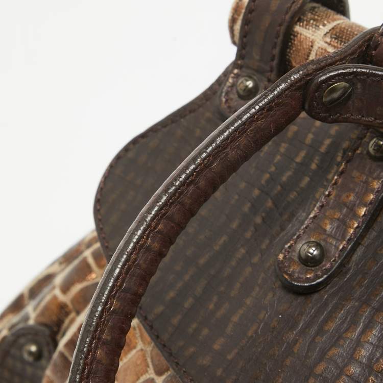 Pre Owned Fendi Metallic/Dark Brown Croc Effect Canvas Magic Satchel