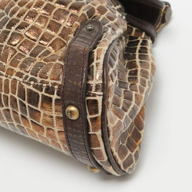 Pre Owned Fendi Metallic/Dark Brown Croc Effect Canvas Magic Satchel