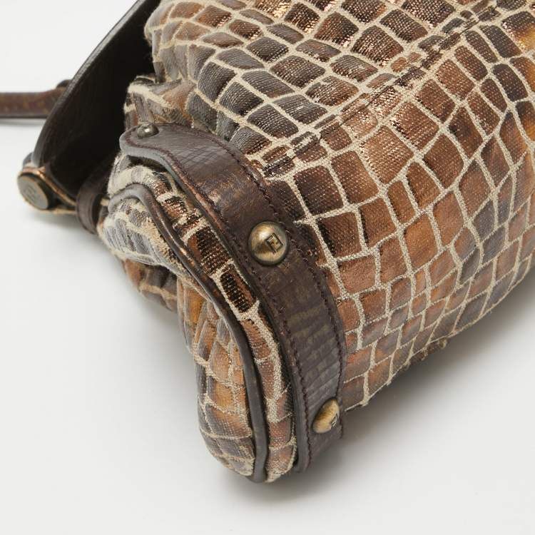 Pre Owned Fendi Metallic/Dark Brown Croc Effect Canvas Magic Satchel