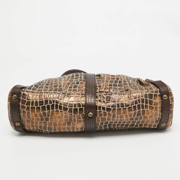 Pre Owned Fendi Metallic/Dark Brown Croc Effect Canvas Magic Satchel