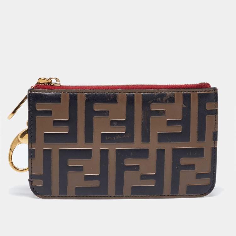Pre Owned Fendi Zucca Brown/Red Leather Zip Card Case