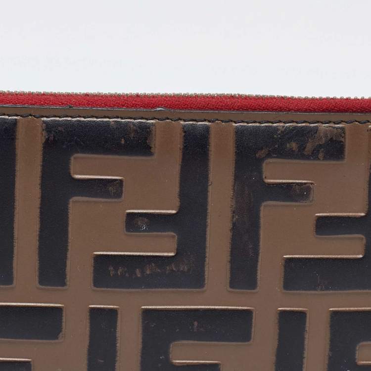 Pre Owned Fendi Zucca Brown/Red Leather Zip Card Case