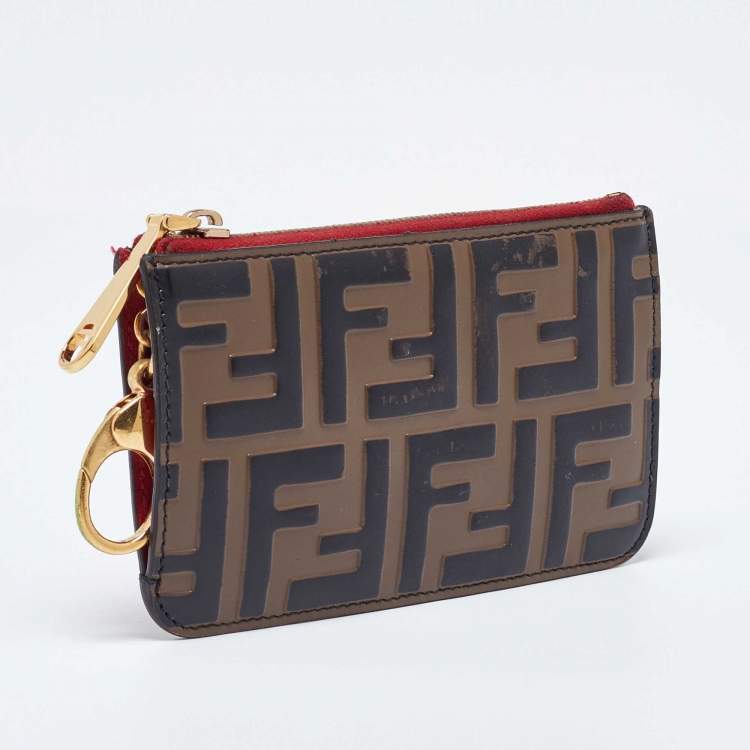 Pre Owned Fendi Zucca Brown/Red Leather Zip Card Case
