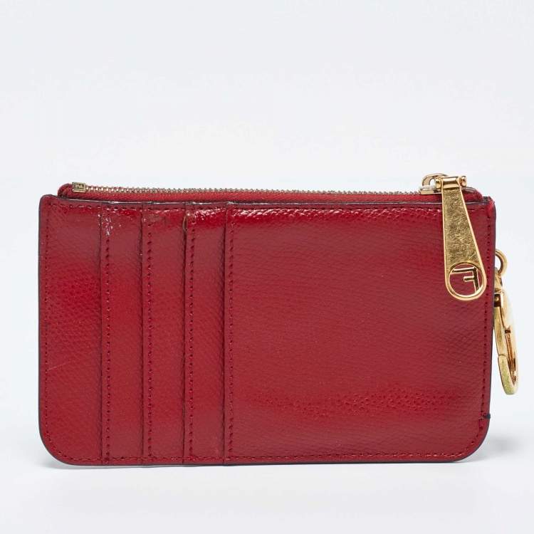 Pre Owned Fendi Zucca Brown/Red Leather Zip Card Case
