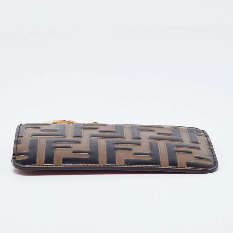 Pre Owned Fendi Zucca Brown/Red Leather Zip Card Case