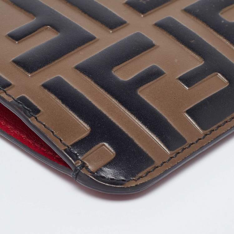Pre Owned Fendi Zucca Brown/Red Leather Zip Card Case