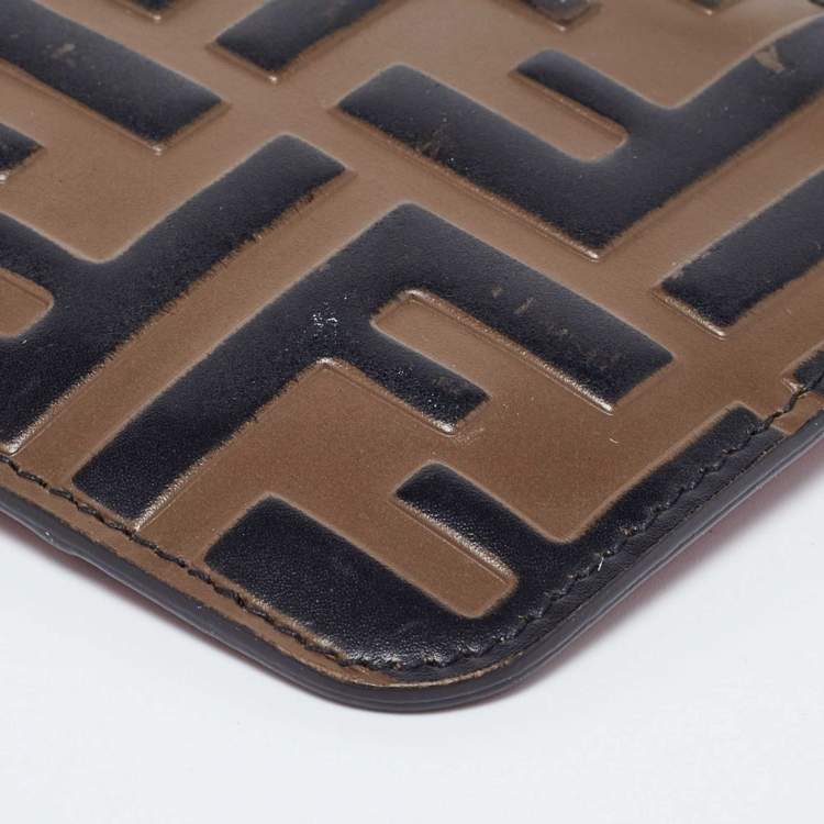 Pre Owned Fendi Zucca Brown/Red Leather Zip Card Case