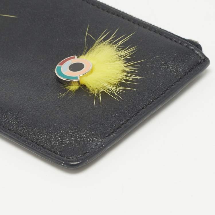 مملوكة مسبقًا Fendi Black Leather and Mink Fur Monster Eyes Zip Card Holder