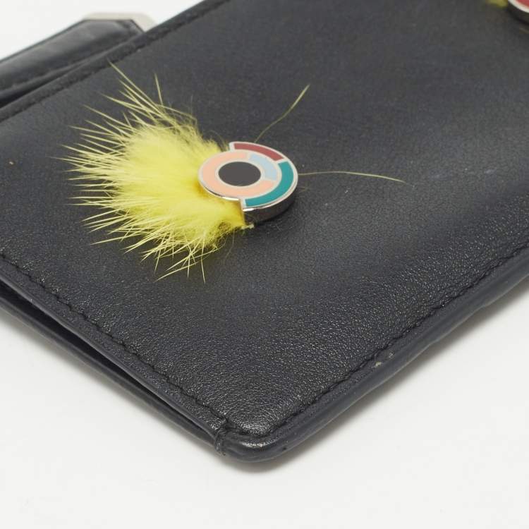 مملوكة مسبقًا Fendi Black Leather and Mink Fur Monster Eyes Zip Card Holder