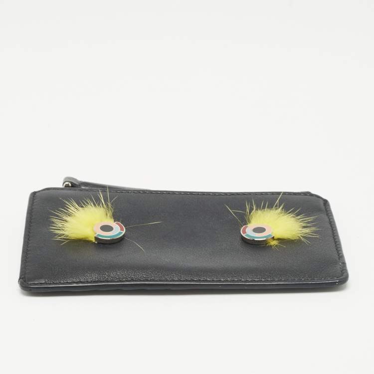 مملوكة مسبقًا Fendi Black Leather and Mink Fur Monster Eyes Zip Card Holder