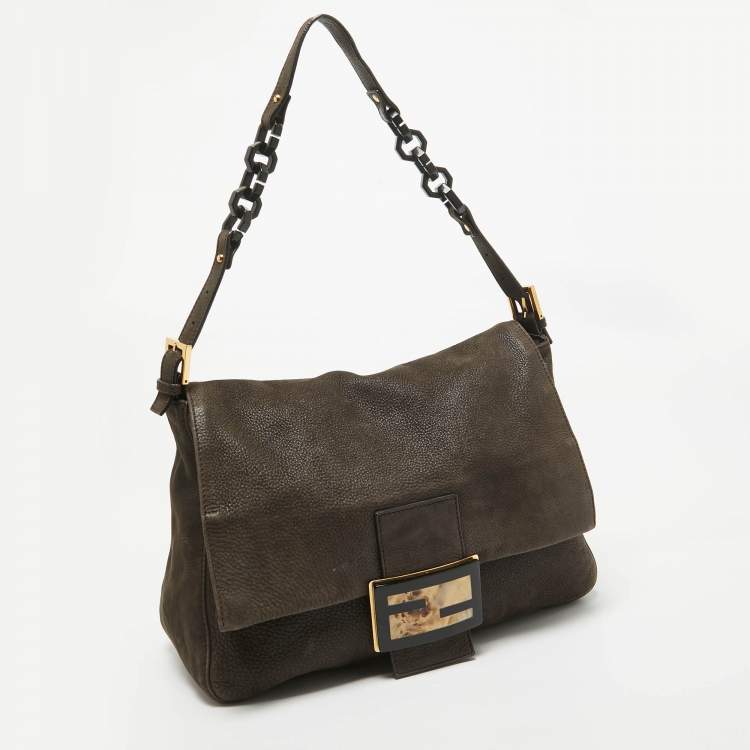 Pre Owned Fendi Dark Brown Nubuck Shimmer Leather Mama Forever Shoulder Bag