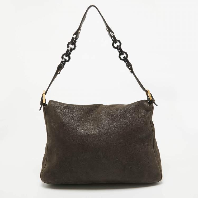 Pre Owned Fendi Dark Brown Nubuck Shimmer Leather Mama Forever Shoulder Bag