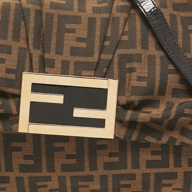 Pre Owned Fendi Brown Zucca Canvas and Patent Leather Mia Flap Shoulder Bag