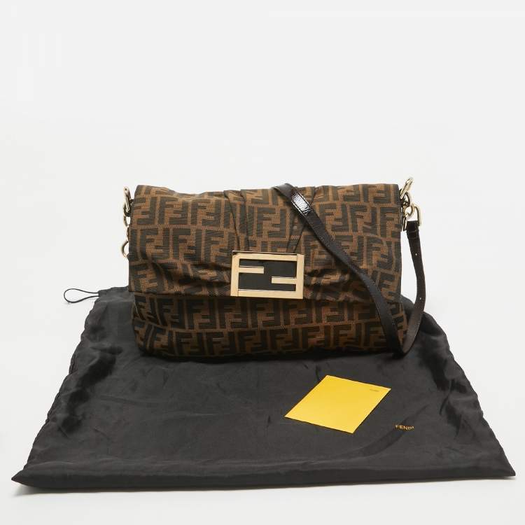 Pre Owned Fendi Brown Zucca Canvas and Patent Leather Mia Flap Shoulder Bag