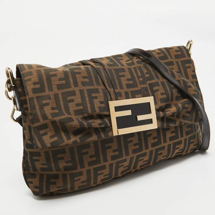 Pre Owned Fendi Brown Zucca Canvas and Patent Leather Mia Flap Shoulder Bag